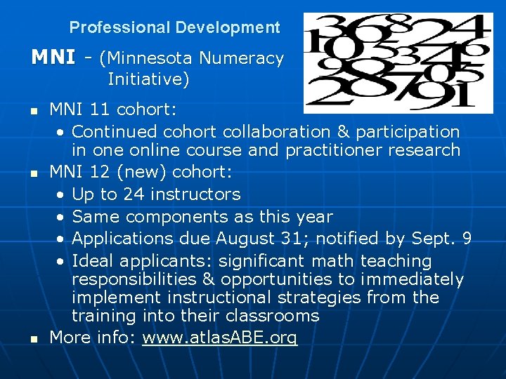 Professional Development MNI - (Minnesota Numeracy Initiative) n n n MNI 11 cohort: •