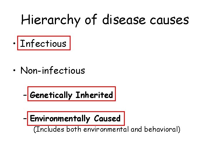 Hierarchy of disease causes • Infectious • Non-infectious – Genetically Inherited – Environmentally Caused