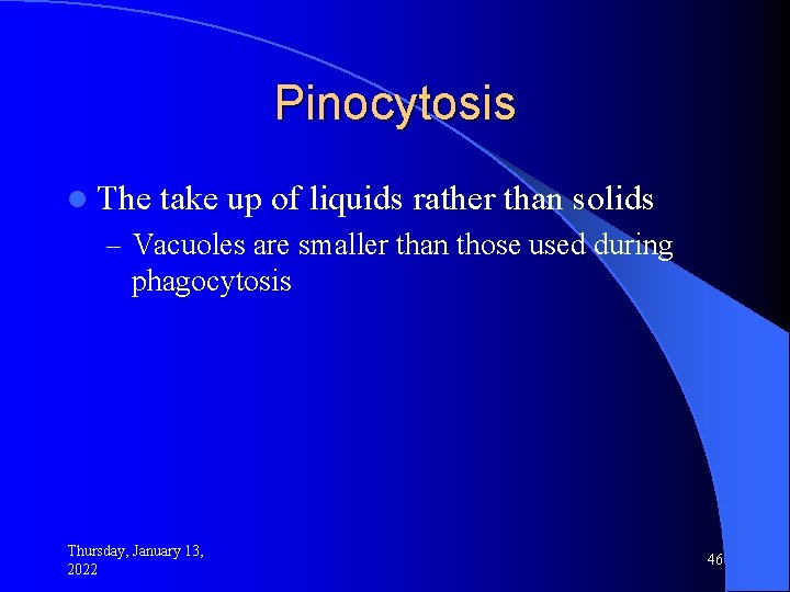 Pinocytosis l The take up of liquids rather than solids – Vacuoles are smaller