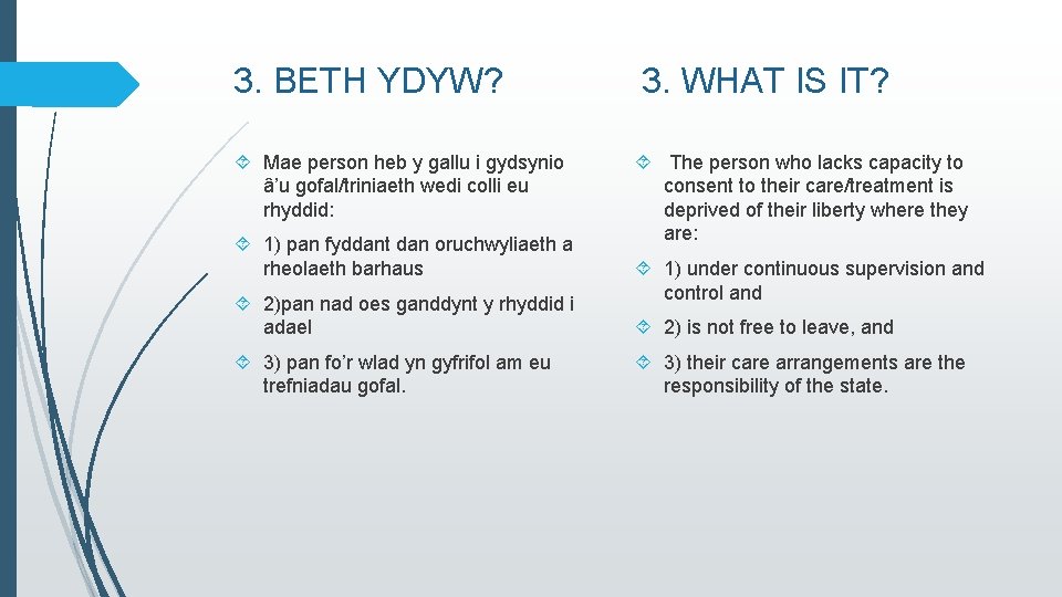 3. BETH YDYW? Mae person heb y gallu i gydsynio â’u gofal/triniaeth wedi colli