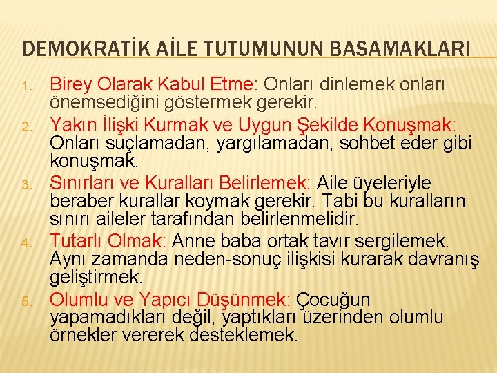 DEMOKRATİK AİLE TUTUMUNUN BASAMAKLARI 1. 2. 3. 4. 5. Birey Olarak Kabul Etme: Onları