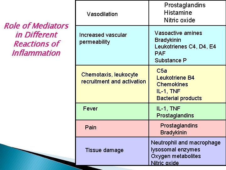 Vasodilation Role of Mediators in Different Reactions of Inflammation Increased vascular permeability Chemotaxis, leukocyte