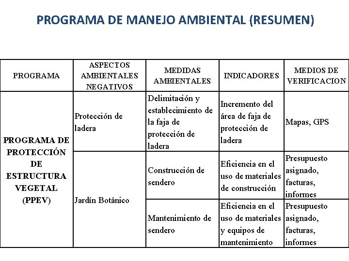 PROGRAMA DE MANEJO AMBIENTAL (RESUMEN) PROGRAMA ASPECTOS AMBIENTALES NEGATIVOS Protección de ladera PROGRAMA DE