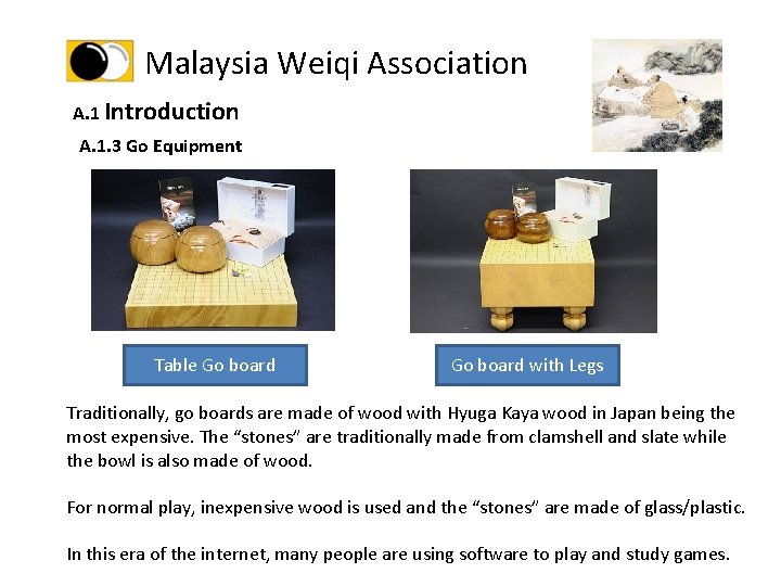 Malaysia Weiqi Association A. 1 Introduction A. 1. 3 Go Equipment Table Go board