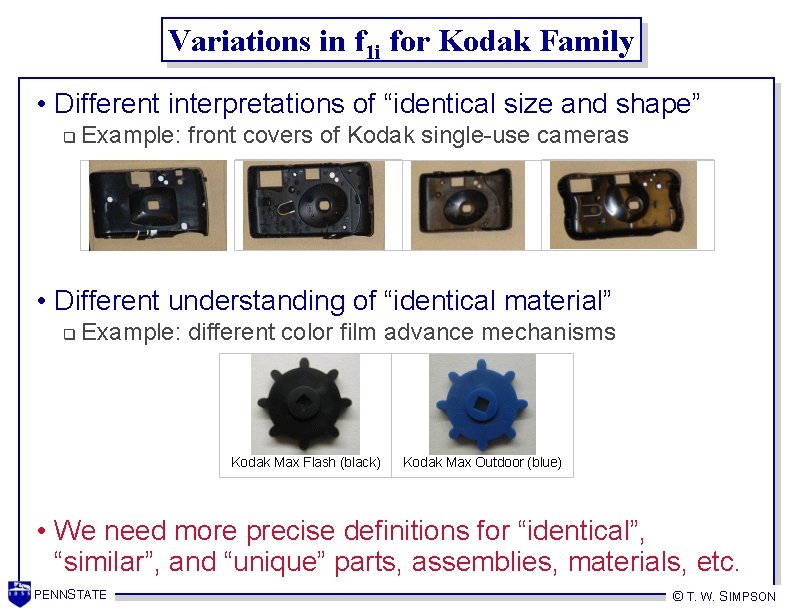 Variations in f 1 i for Kodak Family • Different interpretations of “identical size