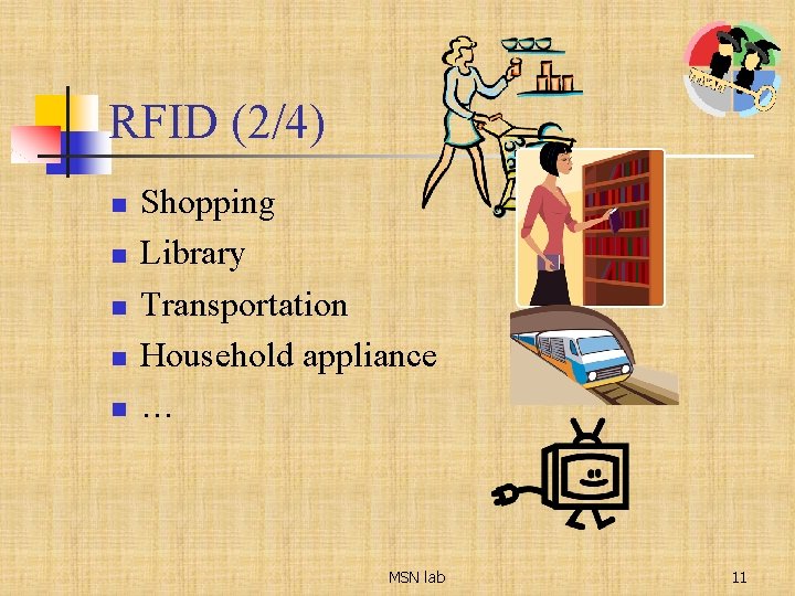 RFID (2/4) n n n Shopping Library Transportation Household appliance … MSN lab 11