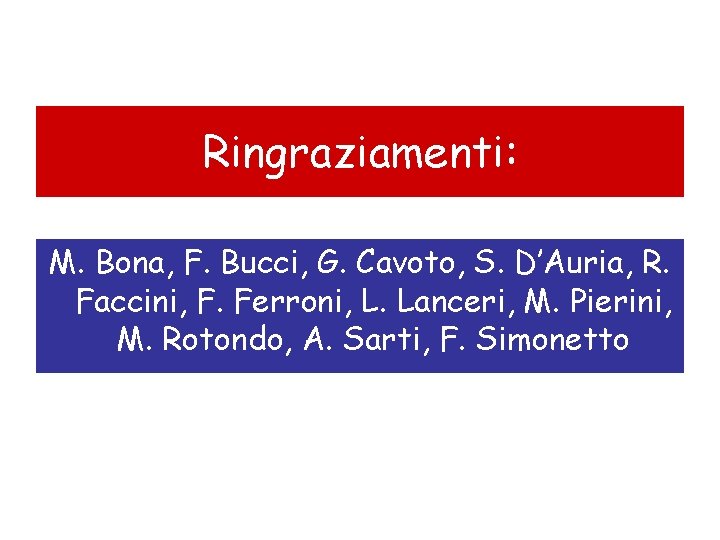 Ringraziamenti: M. Bona, F. Bucci, G. Cavoto, S. D’Auria, R. Faccini, F. Ferroni, L.