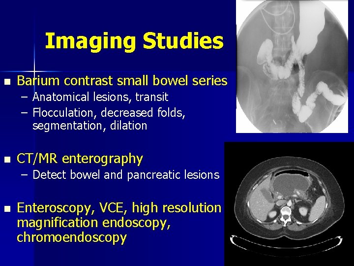 Imaging Studies n Barium contrast small bowel series – Anatomical lesions, transit – Flocculation,