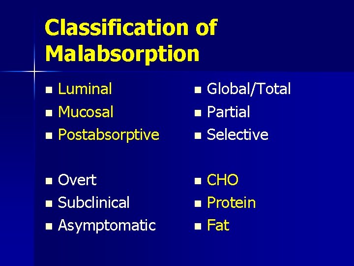 Classification of Malabsorption n n n Luminal Mucosal Postabsorptive n Overt Subclinical Asymptomatic n