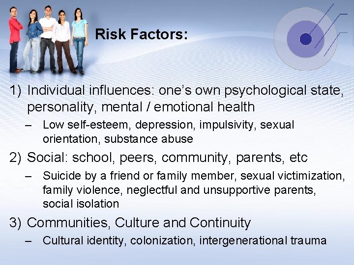 Risk Factors: 1) Individual influences: one’s own psychological state, personality, mental / emotional health