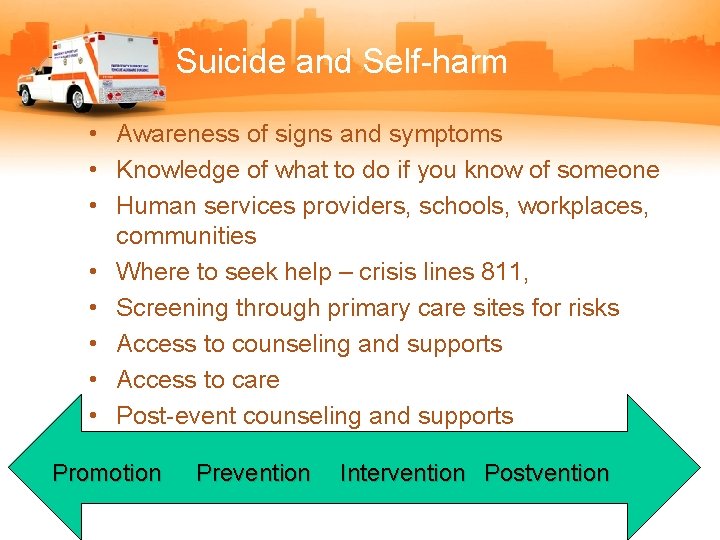 Suicide and Self-harm • Awareness of signs and symptoms • Knowledge of what to