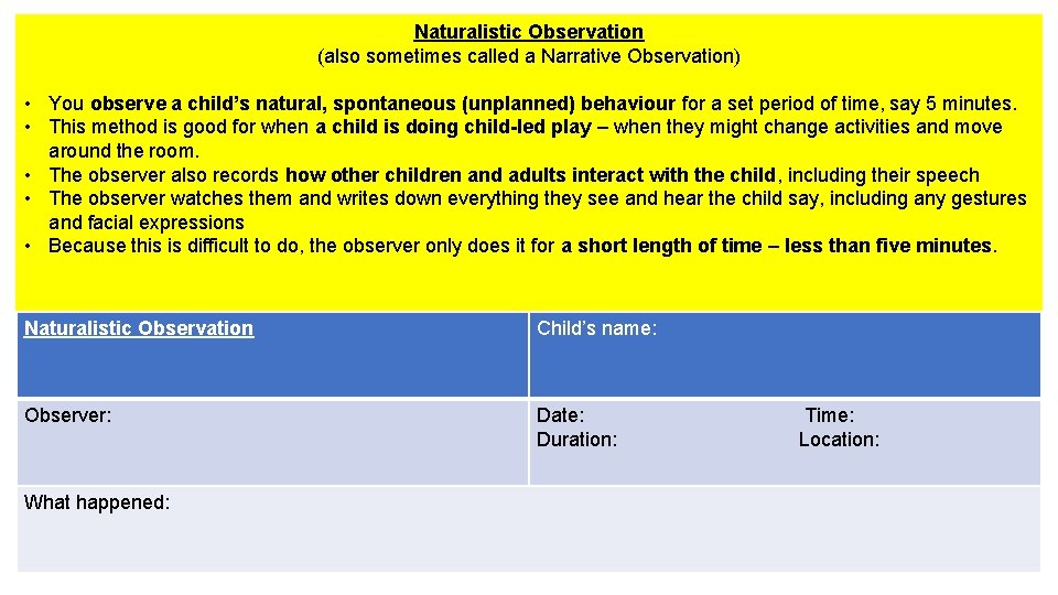 Naturalistic Observation (also sometimes called a Narrative Observation) • You observe a child’s natural,