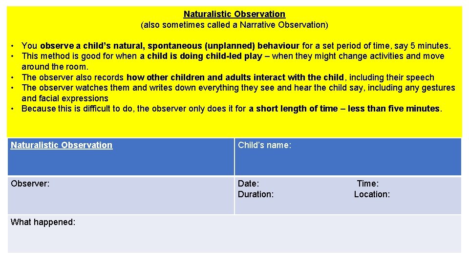 Naturalistic Observation (also sometimes called a Narrative Observation) • You observe a child’s natural, Naturalistic Observation (also sometimes called a Narrative Observation) • You observe a child’s natural,