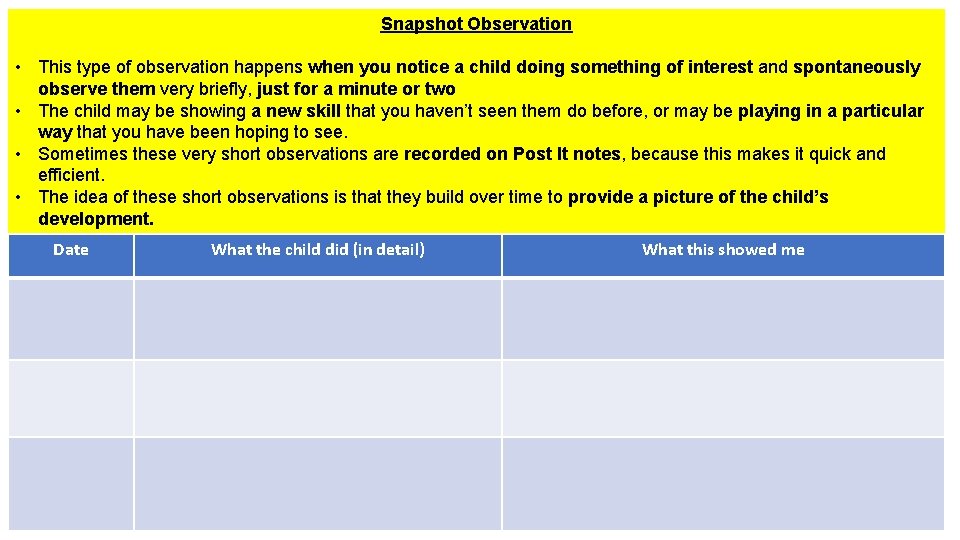 Snapshot Observation • This type of observation happens when you notice a child doing
