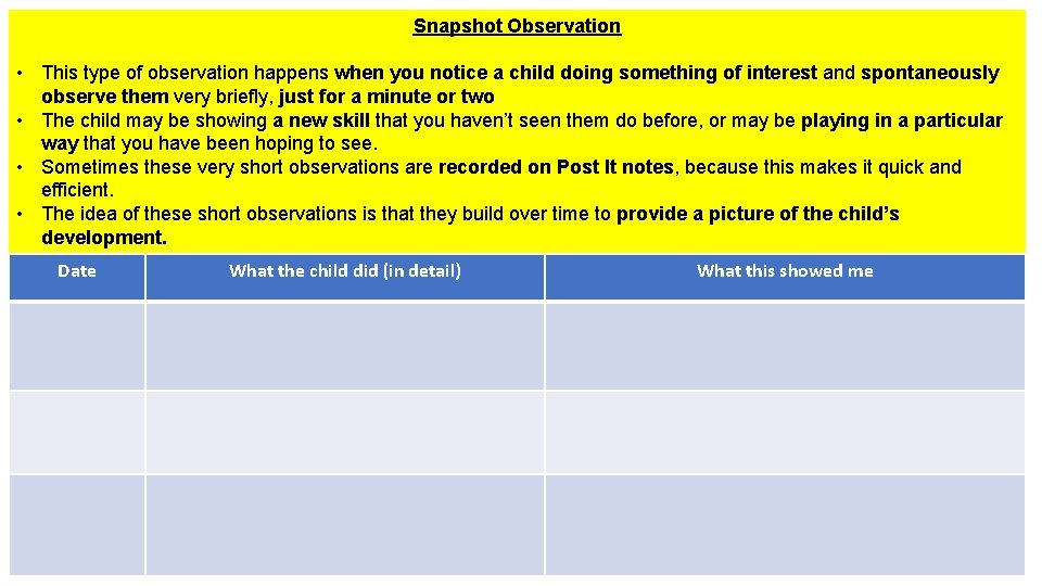 Snapshot Observation • This type of observation happens when you notice a child doing Snapshot Observation • This type of observation happens when you notice a child doing