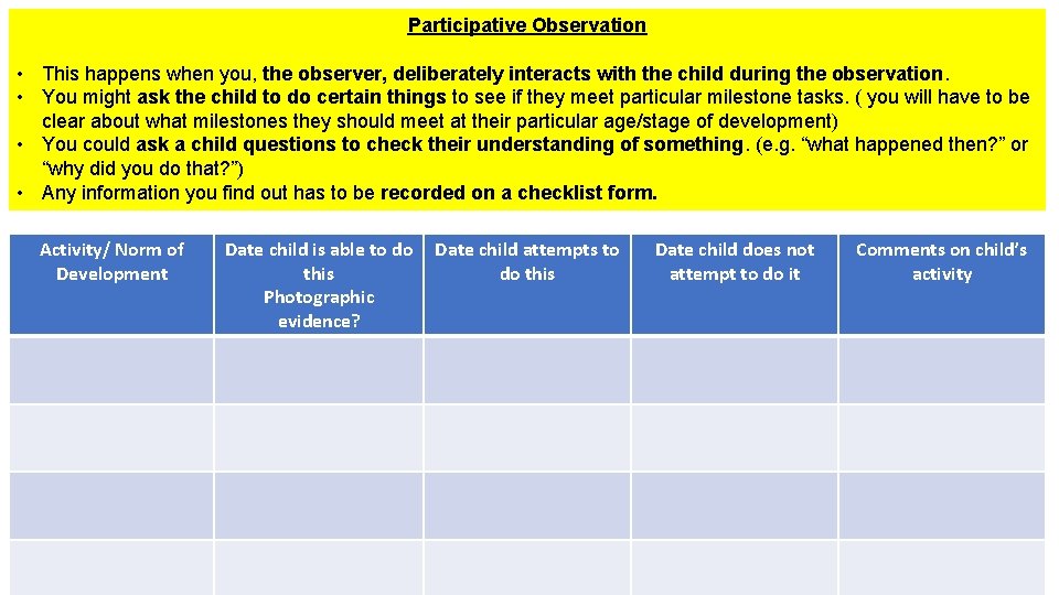 Participative Observation • This happens when you, the observer, deliberately interacts with the child Participative Observation • This happens when you, the observer, deliberately interacts with the child