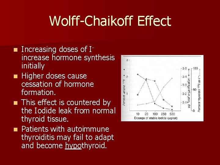 Wolff-Chaikoff Effect n n Increasing doses of Iincrease hormone synthesis initially Higher doses cause