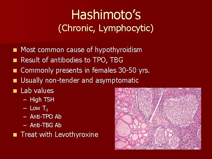 Hashimoto’s (Chronic, Lymphocytic) n n n Most common cause of hypothyroidism Result of antibodies