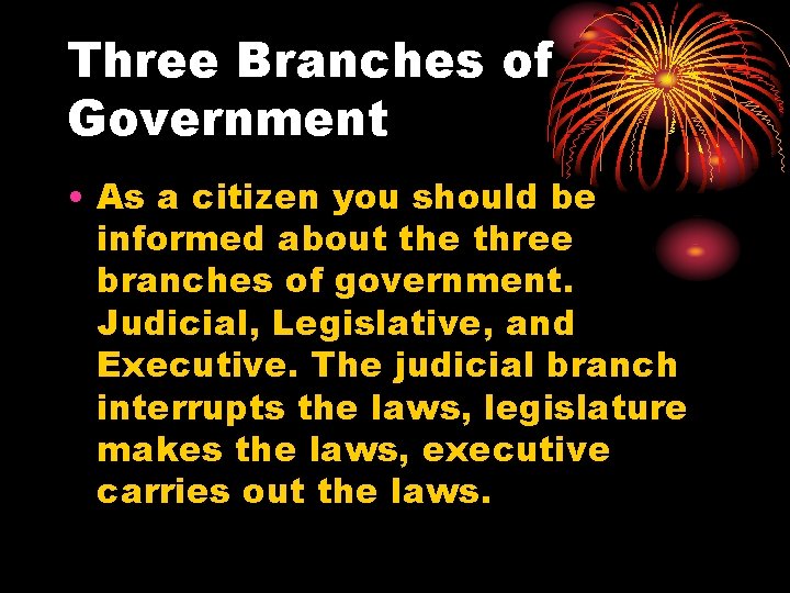 Three Branches of Government • As a citizen you should be informed about the