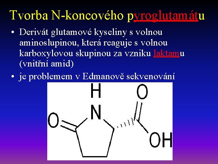 Tvorba N-koncového pyroglutamátu • Derivát glutamové kyseliny s volnou aminoslupinou, která reaguje s volnou