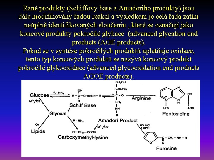 Rané produkty (Schiffovy base a Amadoriho produkty) jsou dále modifikovány řadou reakcí a výsledkem