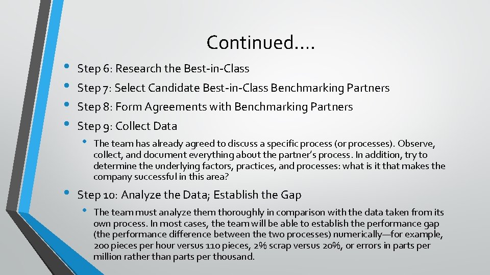 Continued…. • • • Step 6: Research the Best-in-Class Step 7: Select Candidate Best-in-Class