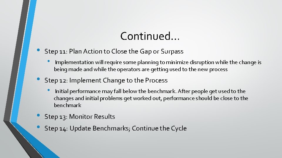 Continued… • Step 11: Plan Action to Close the Gap or Surpass • •