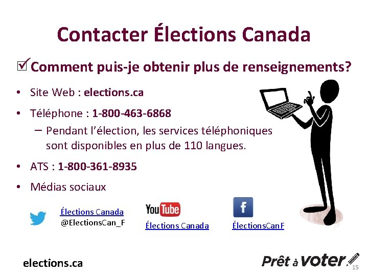 Contacter Élections Canada Comment puis-je obtenir plus de renseignements? • Site Web : elections.