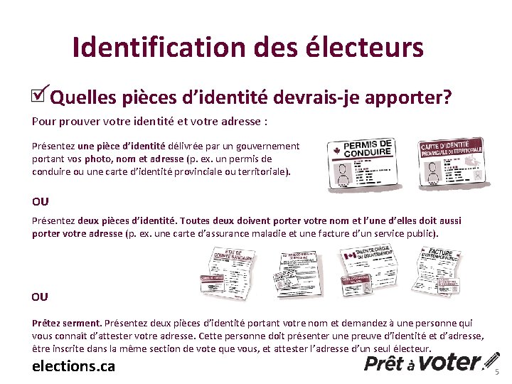 Identification des électeurs Quelles pièces d’identité devrais-je apporter? Pour prouver votre identité et votre