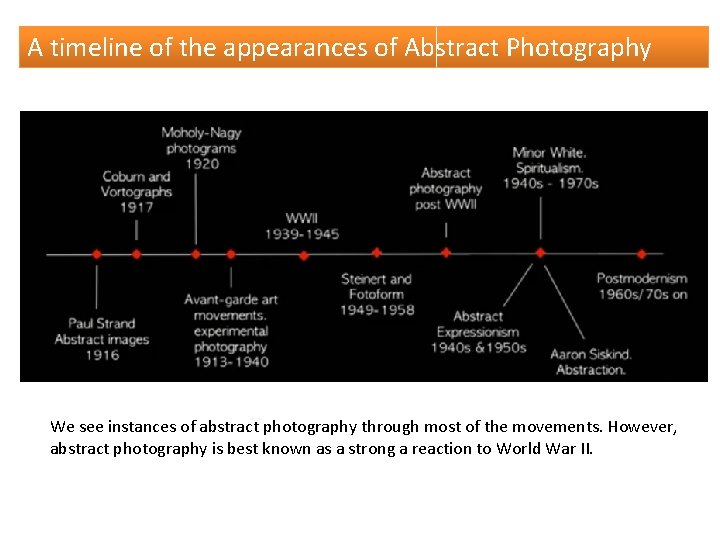 A timeline of the appearances of Abstract Photography We see instances of abstract photography