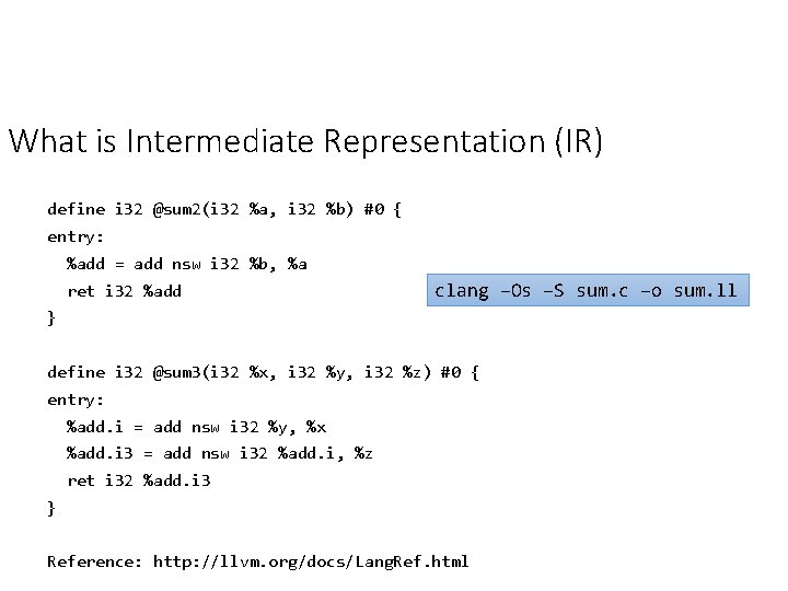 What is Intermediate Representation (IR) define i 32 @sum 2(i 32 %a, i 32