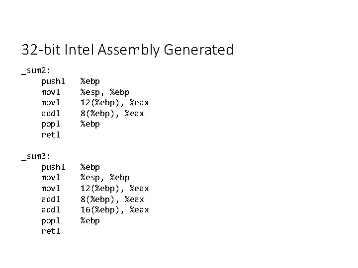 32 -bit Intel Assembly Generated _sum 2: pushl movl addl popl retl %ebp %esp,