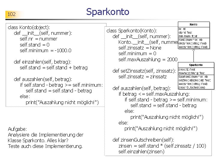 102 Sparkonto class Konto(object): def __init__(self, nummer): self. nr = nummer self. stand =