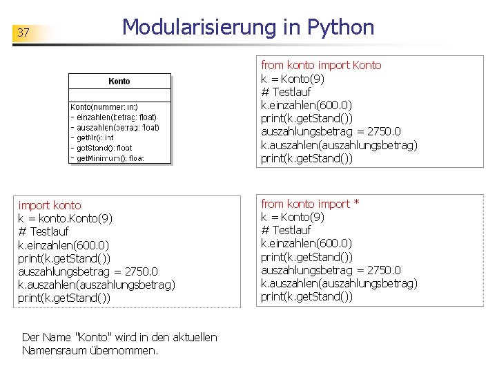 37 Modularisierung in Python from konto import Konto k = Konto(9) # Testlauf k.