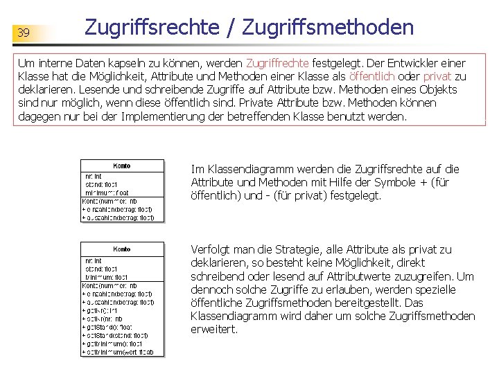 39 Zugriffsrechte / Zugriffsmethoden Um interne Daten kapseln zu können, werden Zugriffrechte festgelegt. Der