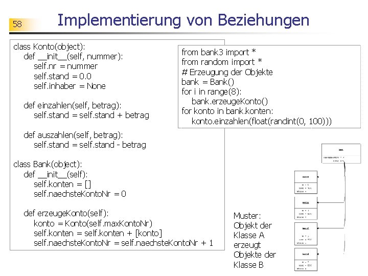 58 Implementierung von Beziehungen class Konto(object): def __init__(self, nummer): self. nr = nummer self.