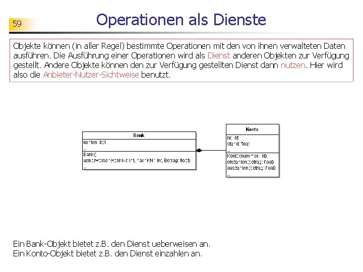 59 Operationen als Dienste Objekte können (in aller Regel) bestimmte Operationen mit den von