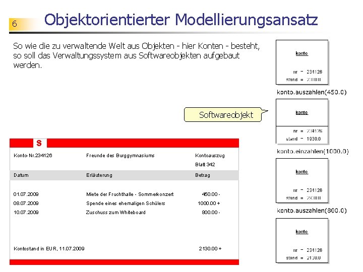 Objektorientierter Modellierungsansatz 6 So wie die zu verwaltende Welt aus Objekten - hier Konten