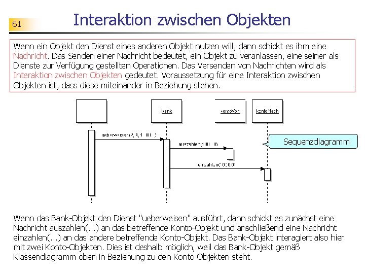 61 Interaktion zwischen Objekten Wenn ein Objekt den Dienst eines anderen Objekt nutzen will,