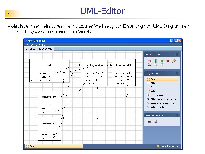 75 UML-Editor Violet ist ein sehr einfaches, frei nutzbares Werkzeug zur Erstellung von UML-Diagrammen.