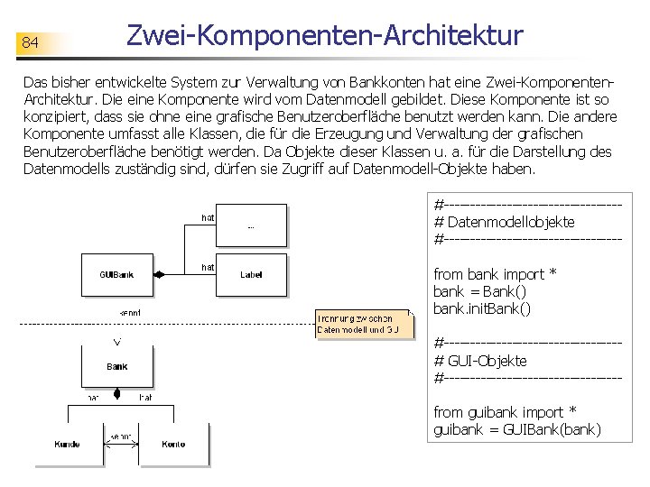 84 Zwei-Komponenten-Architektur Das bisher entwickelte System zur Verwaltung von Bankkonten hat eine Zwei-Komponenten. Architektur.