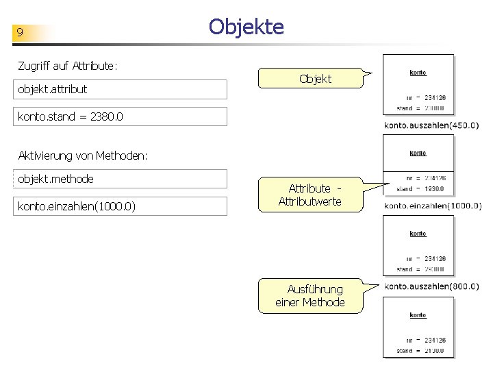 9 Zugriff auf Attribute: objekt. attribut Objekte Objekt konto. stand = 2380. 0 Aktivierung