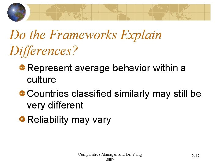 Do the Frameworks Explain Differences? Represent average behavior within a culture Countries classified similarly