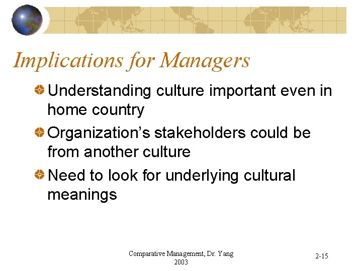 Implications for Managers Understanding culture important even in home country Organization’s stakeholders could be