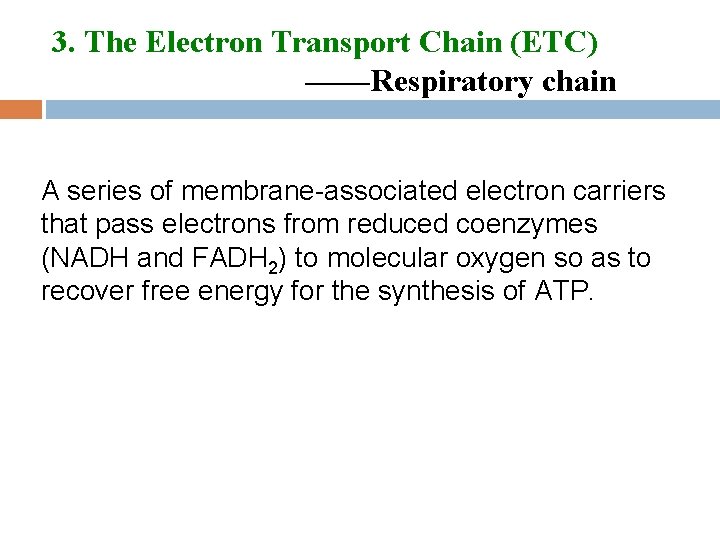 3. The Electron Transport Chain (ETC) ——Respiratory chain A series of membrane-associated electron carriers