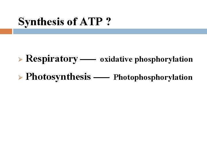 Synthesis of ATP ? Ø Respiratory —— oxidative phosphorylation Ø Photosynthesis —— Photophosphorylation 