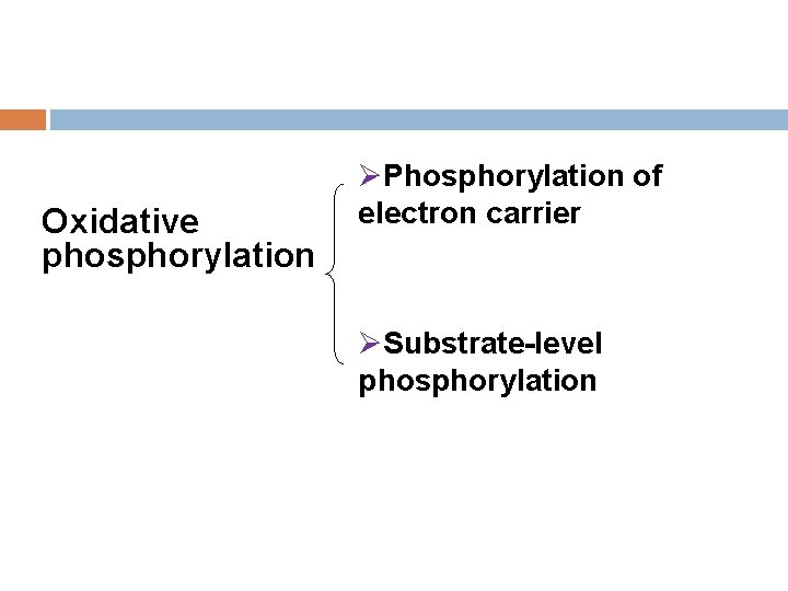 Oxidative phosphorylation ØPhosphorylation of electron carrier ØSubstrate-level phosphorylation 