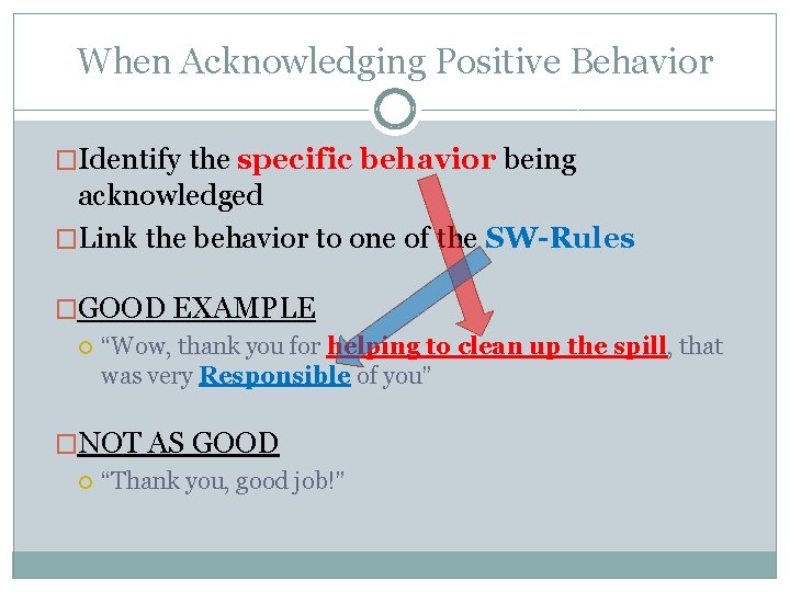 When Acknowledging Positive Behavior �Identify the specific behavior being acknowledged �Link the behavior to