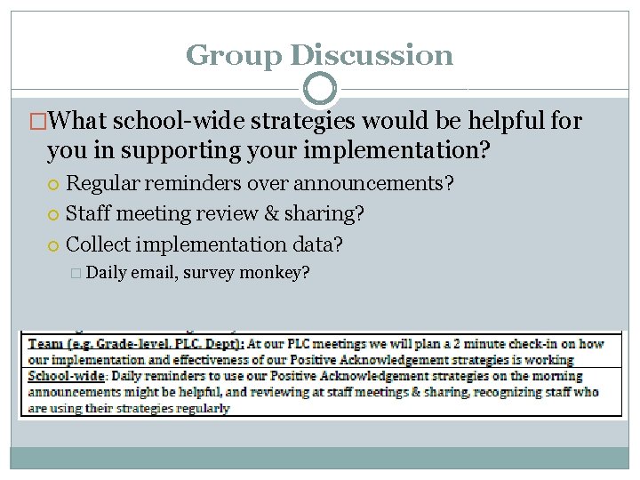 Group Discussion �What school-wide strategies would be helpful for you in supporting your implementation?
