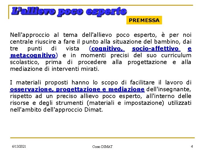 PREMESSA Nell'approccio al tema dell'allievo poco esperto, è per noi centrale riuscire a fare